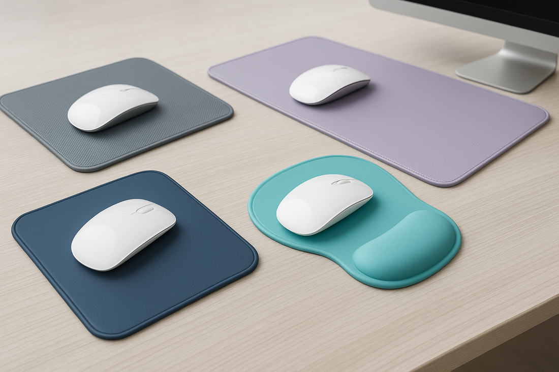 Assorted silicone mouse pads in different styles and colors arranged on a modern desk.