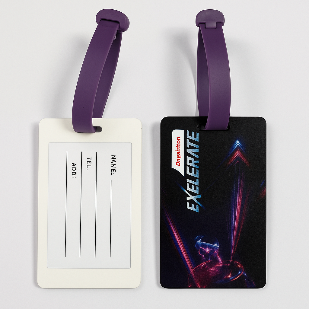 Double-Sided Silicone Luggage Tag with ID Card & EXELERATE Branding – Purple Strap